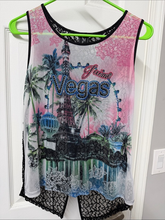 YMF Tops - Vegas Graphic Lace-Back Tank Top - Pink/Blue/Black